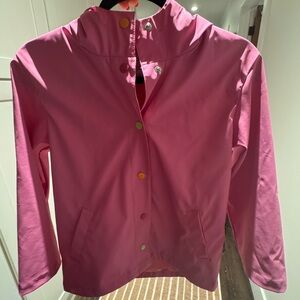 Old Navy Girls Pink Hooded Rain Jacket with Rainbow Snaps! 10-12 Large